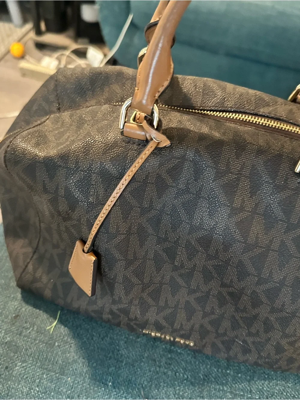 Michael Kors Brown MK Signature Dome Satchel with Tan Handles